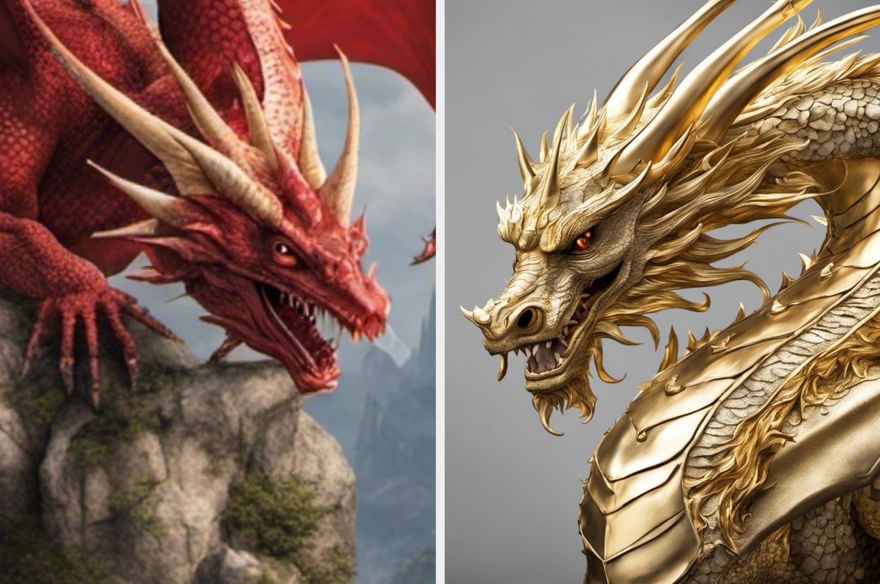 A red dragon next to a separate image of a gold dragon