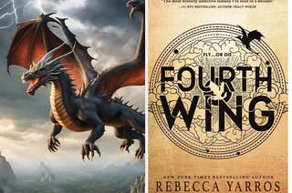 Dragon flying through the sky surrounded by lightning, next to a separate image of the Fourth Wing book