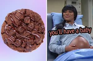 On the left, a double fudge brownie cookie from Crumbl, and on the right, Keke Palmer holding her pregnant belly in an SNL sketch labeled you'll have a baby