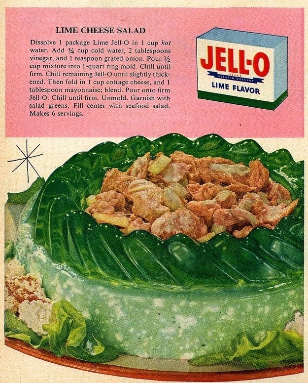 a vintage recipe card for lime cheese salad along with a photo of green gelatin with &quot;seafood salad&quot; in the center