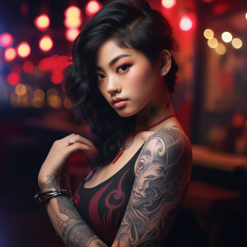 An Asian woman with tattoos at a club