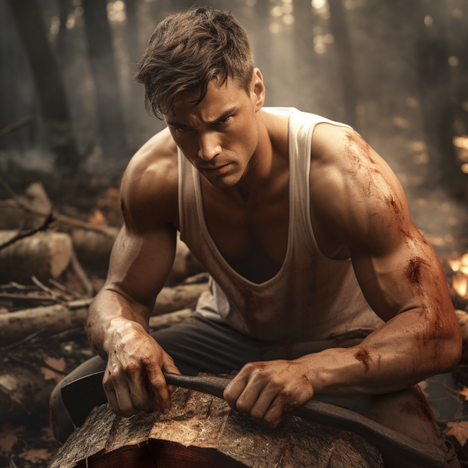A buff man chopping trees down in the woods