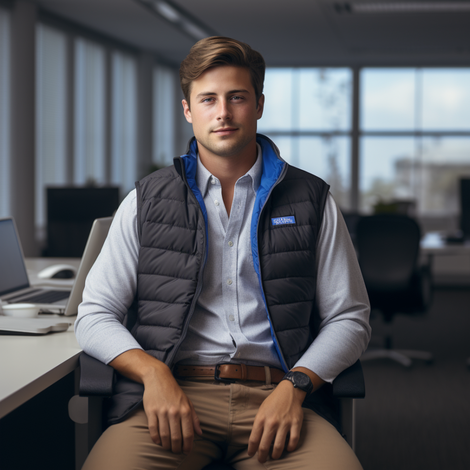 A finance bro in a Patagonia vest at his office desk
