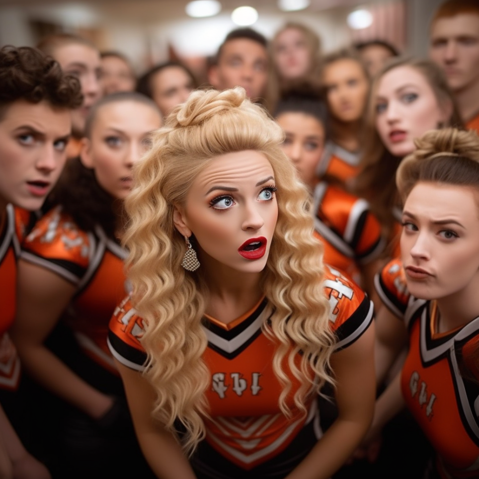 A blonde cheerleader in her uniform next to her teammates