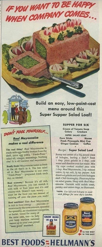 a recipe card for super supper salad loaf that is a square loaf of bologna with jell-o in the center