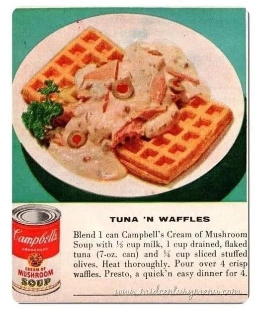a recipe card for tuna &#x27;n&#x27; waffles with an image of two square waffles covered in some sort of liquid, tuna, and olives
