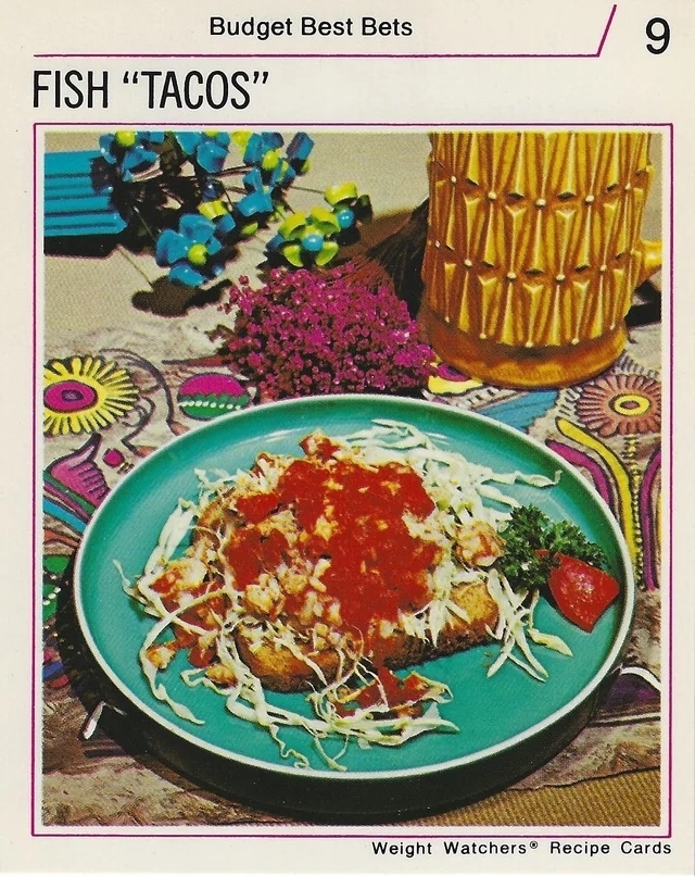a recipe card for fish tacos with the word tacos in quotes along with an image of toast topped with cabbage and other toppings