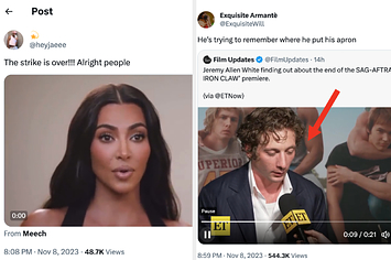 Kim K "get up and work photo" with caption "The strike is over, alright people" and on the right is Jeremy Allen White with caption "he's trying to remember where he put his apron"