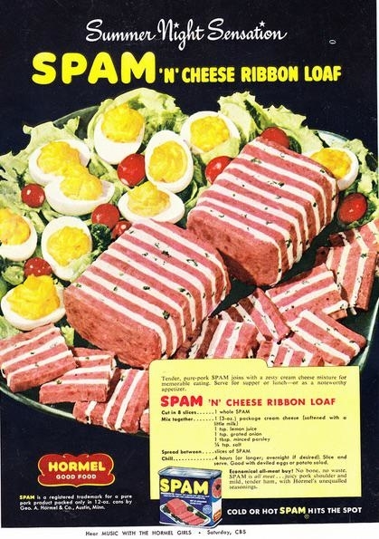 a recipe card for spam &#x27;n&#x27; cheese ribbon loaf along with an image of layers of cream cheese in between slices of spam