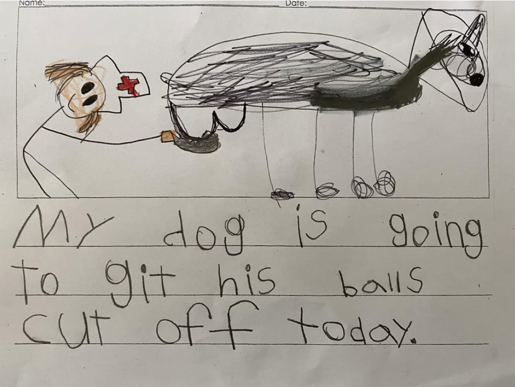 &quot;My dog is going to git his balls cut off today.&quot;
