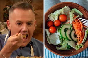 On the left, Ross Matthews eating stuffing, and on the right, a wooden bowl full of salad