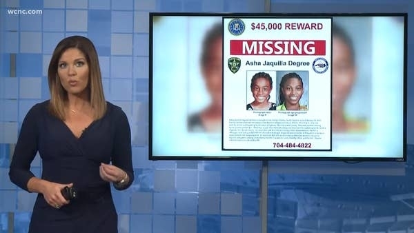 on the news, the news anchor stands with her missing poster