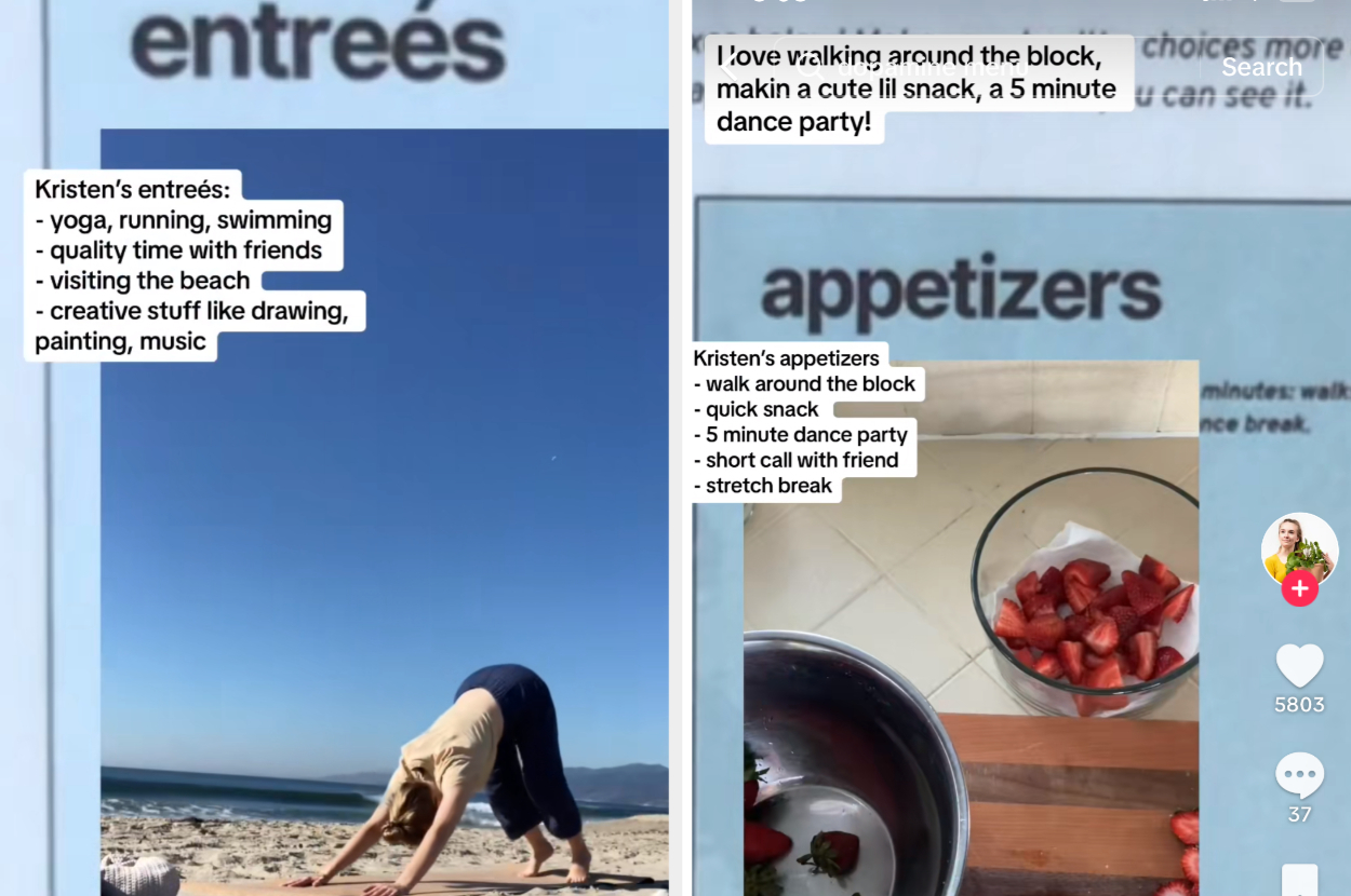 kristen doing yoga on the beach as an entree and making fruit cup as an appetizer