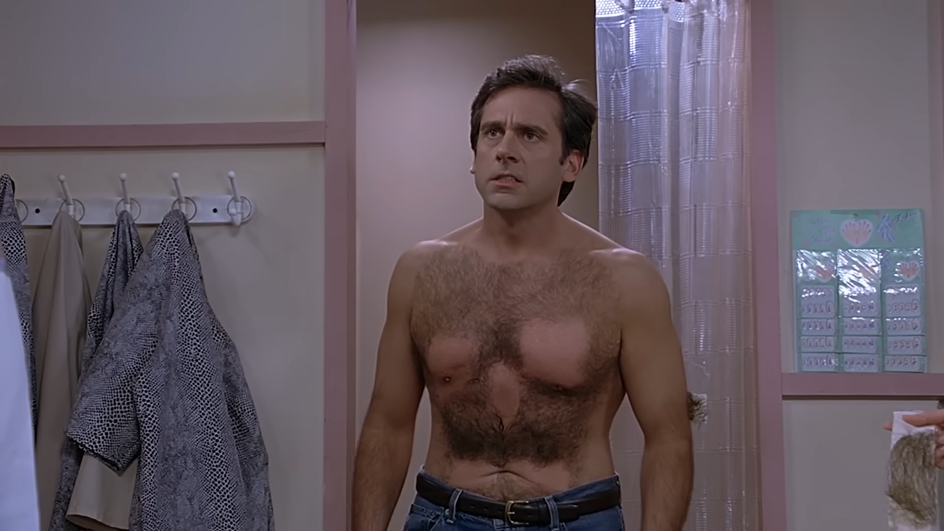 Steve Carell as Andy in &quot;The 40-Year-Old Virgin&quot; is in the middle of getting his chest waxed