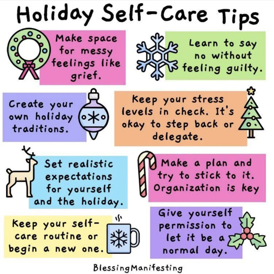self care tips like set realistic goals, make plans and stick to them, give yourself permission to let it be a normal day