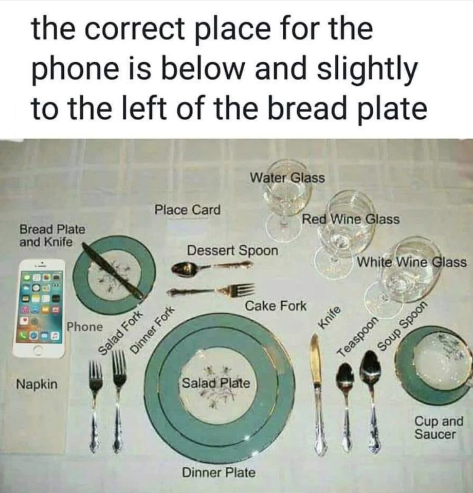 dinner place setting with where your phone should go: below and slightly to the left of the bread plate