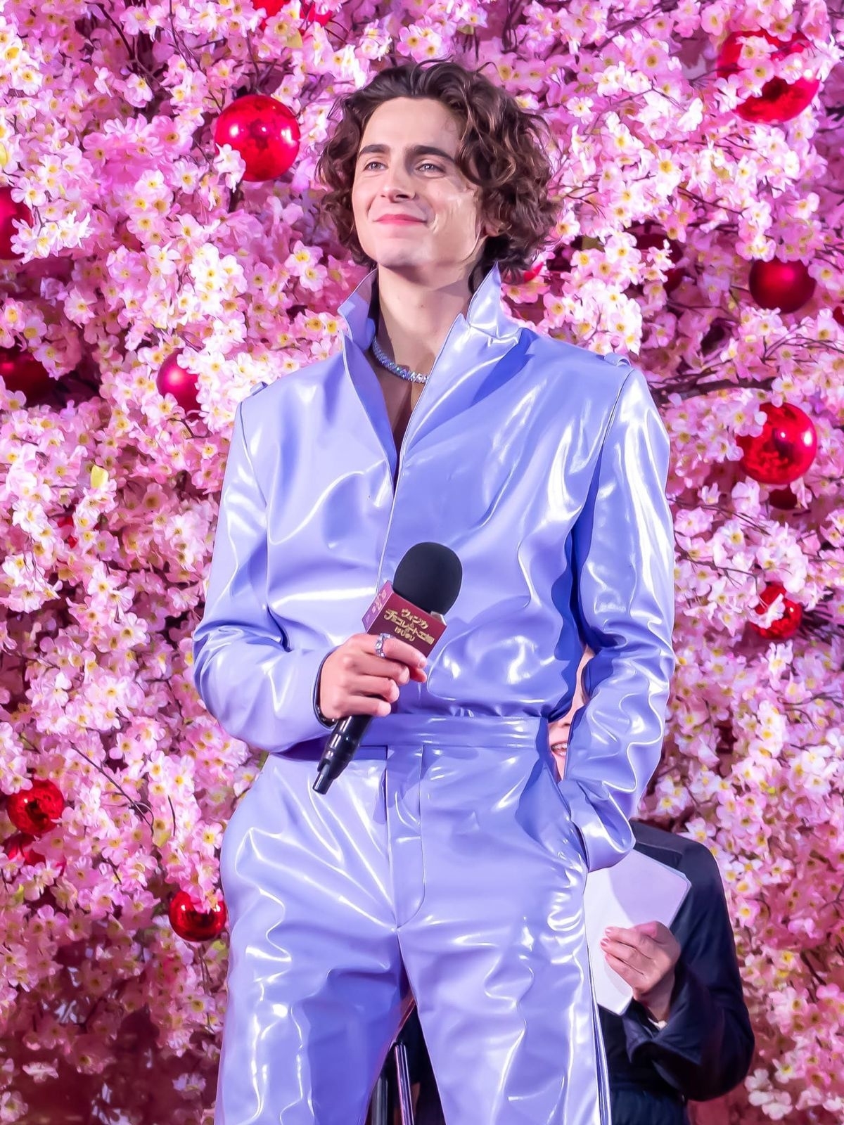 Timothée in a plasticky lavender suit