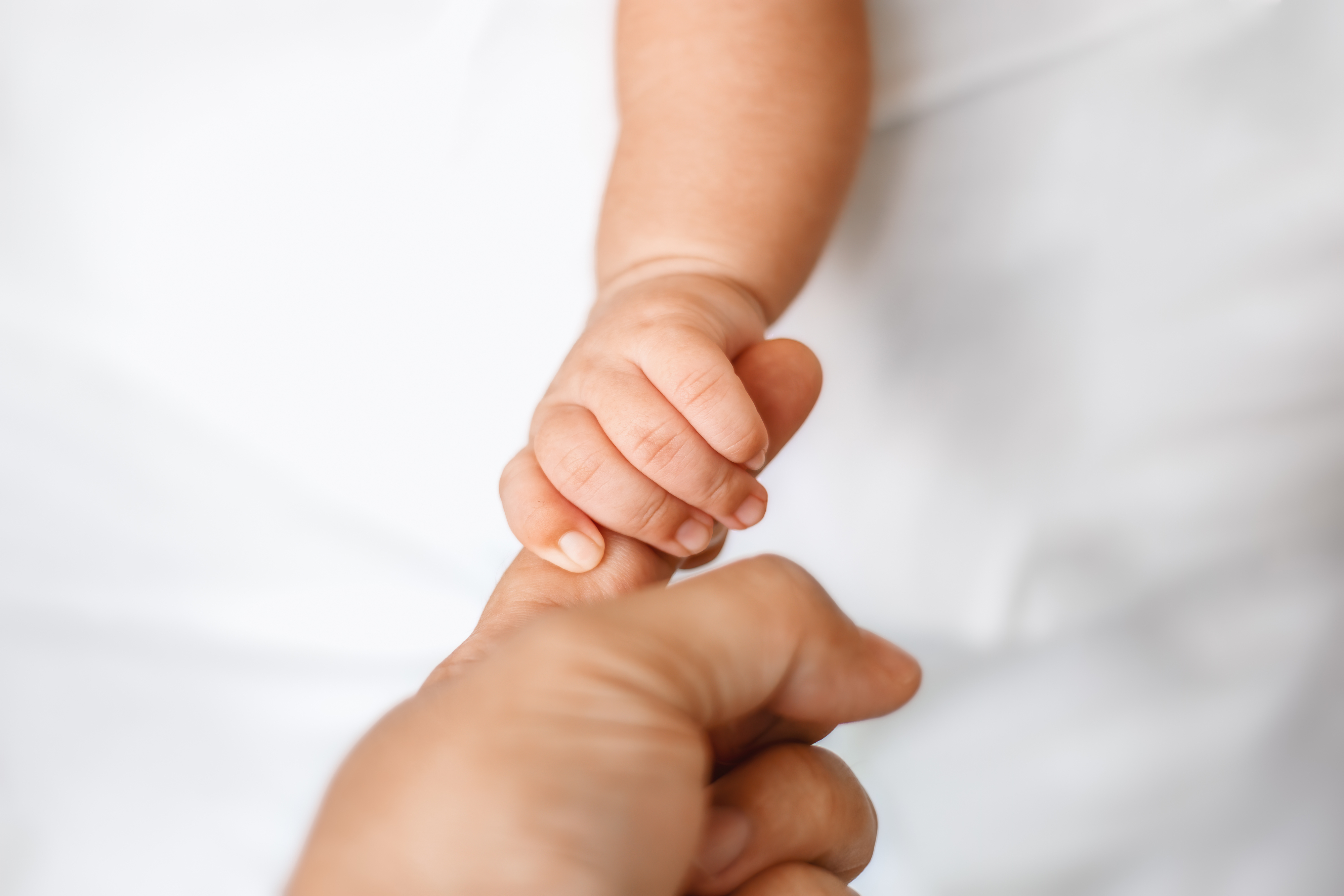 an adult hand holding onto a baby