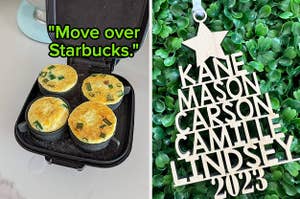 An egg maker with four egg bites inside/An ornament with five names and the year 2023 in the shape of a tree
