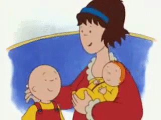 Caillou sits with his mom who lets him hold his baby sister.
