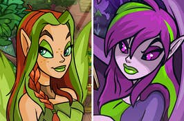 Two Neopets cartoon fairies. The one on the right has long hair with one braid in it and pointy ears. The one on the left has furrowed brows and choppy bangs