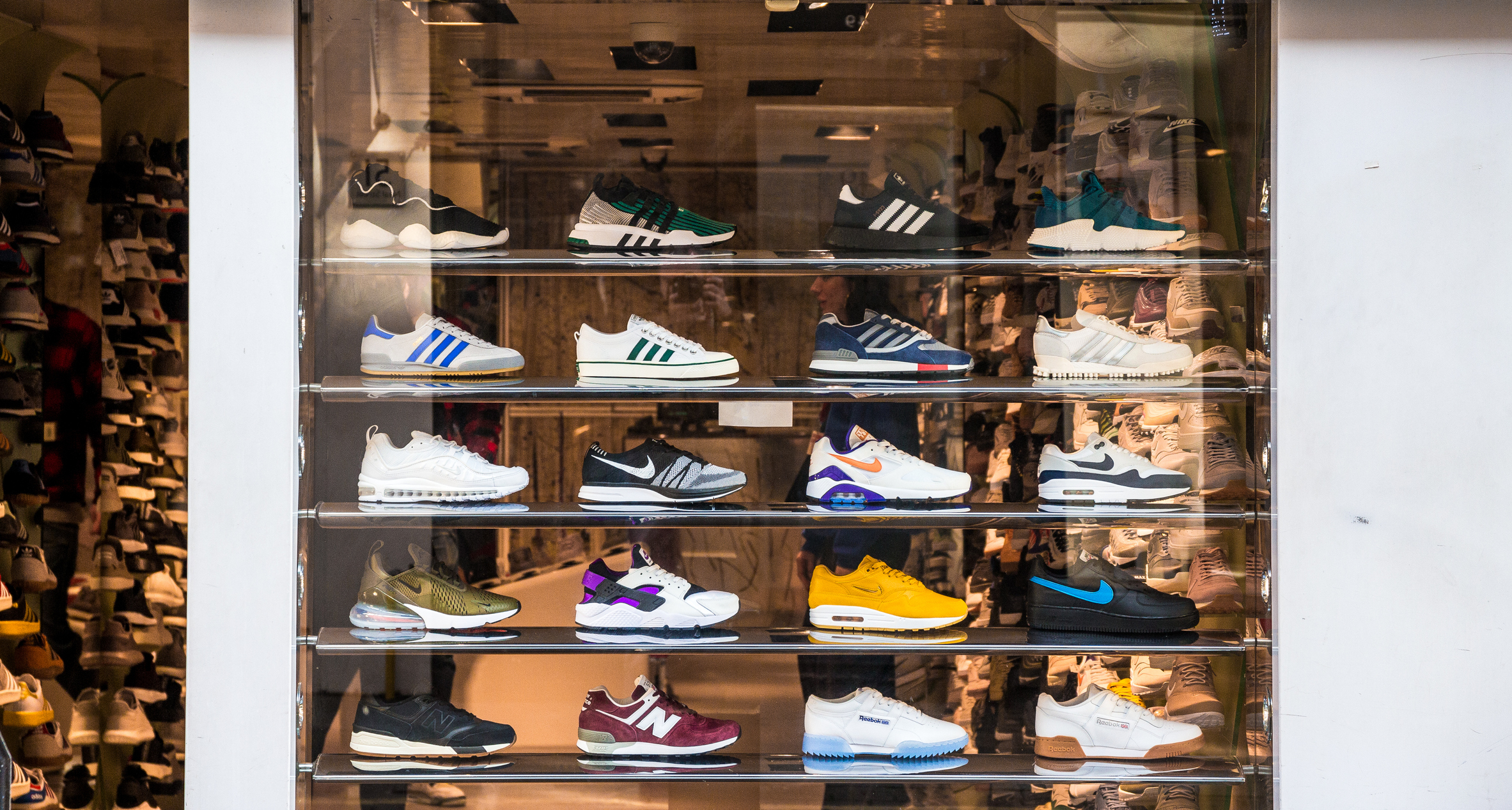 A shoe display in a window