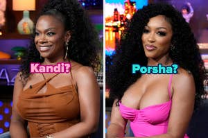 Kandi from "Real Housewives of Atlanta" next to a separate image of Porsha from the same show. They each sit on the same couch at different times, wearing formalwear.
