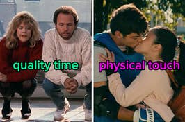 On the left, Sally and Harry from When Harry Met Sally kneeling together labeled quality time, and on the right, Peter and Lara Jean from To All the Boys kissing labeled physical touch