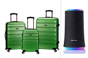 green hardshell suitcases, speaker