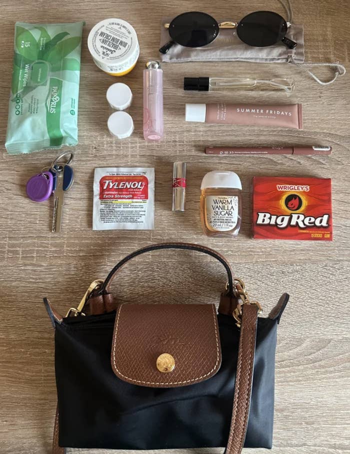 A person is showing off what keep in their purse, including hand sanitizer, wipes, and Tylenol