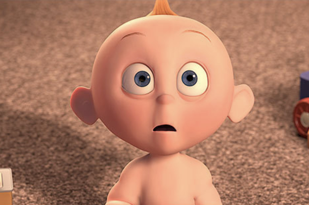 Pixar animated baby with wide eyes and wide mouth as if surprised