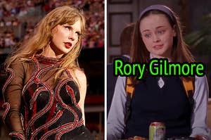 On the left, Taylor Swift performing on stage, and on the right, Rory Gilmore