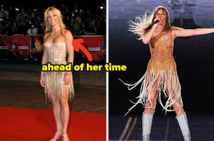 Britney Spears wore a sparkly fringe dress that resembles Taylor Swift's Fearless looks on the Eras Tour