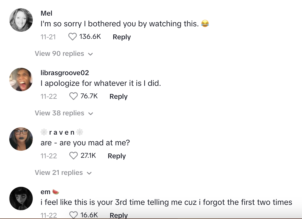 a few comments under the TikTok with people commenting on how the creator seems mad at them
