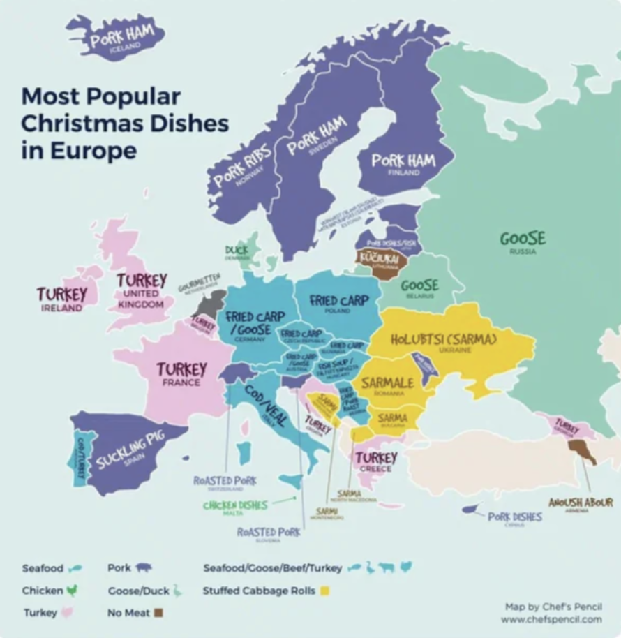 cod and veal in italy, turkey in france, ireland, greece, suckling pig in spain, goose in germany and russia