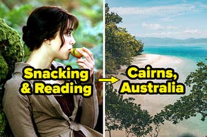 Elizabeth Bennet eating an apple and the beach of Cairns, Australia.