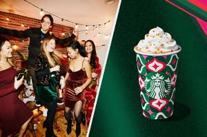 A group of friends having a Christmas party and a Starbucks holiday drink.