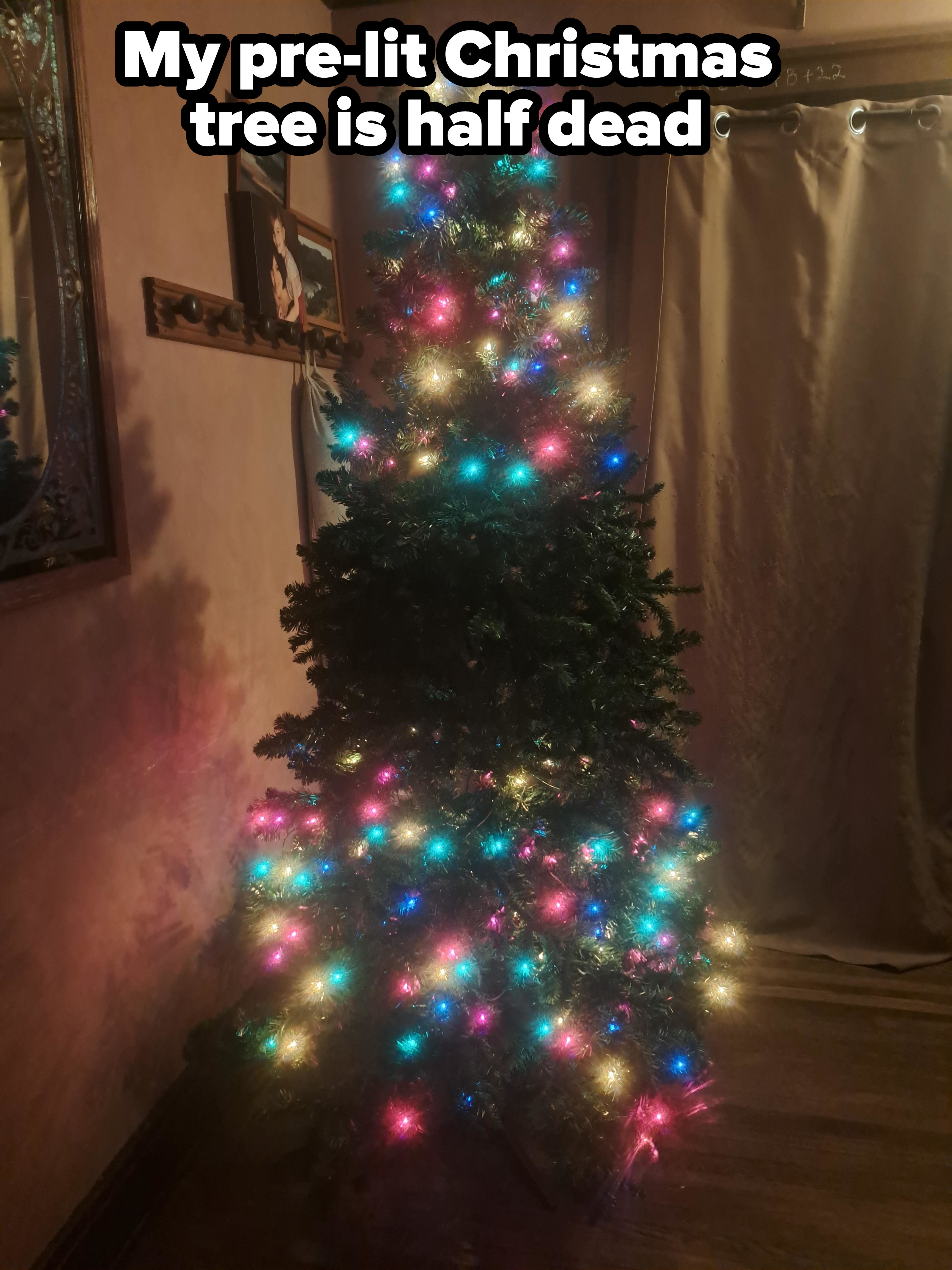 a Christmas tree with half the lights out