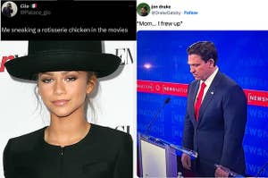Zendaya smirks on the red carpet vs Ron DeSantis looks down during a political event