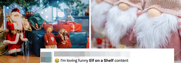 A toy Santa and elves under a Christmas tree vs a row of toy elves in a store