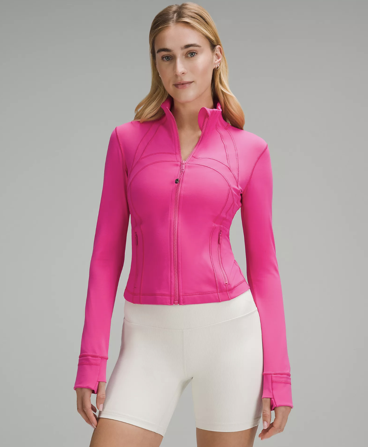 model in the pink jacket