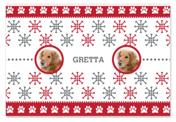 Pet mat with photos of dog, dog&#x27;s name, and snowflake paw print pattern