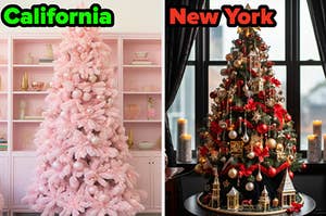 On the left, a Barbie inspired Christmas tree labeled California, and on the right, a small, tabletop Christmas tree in front of a window labeled New York