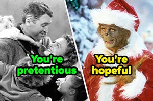 "It's a Wonderful life family embracing" and The Grinch looking shocked.