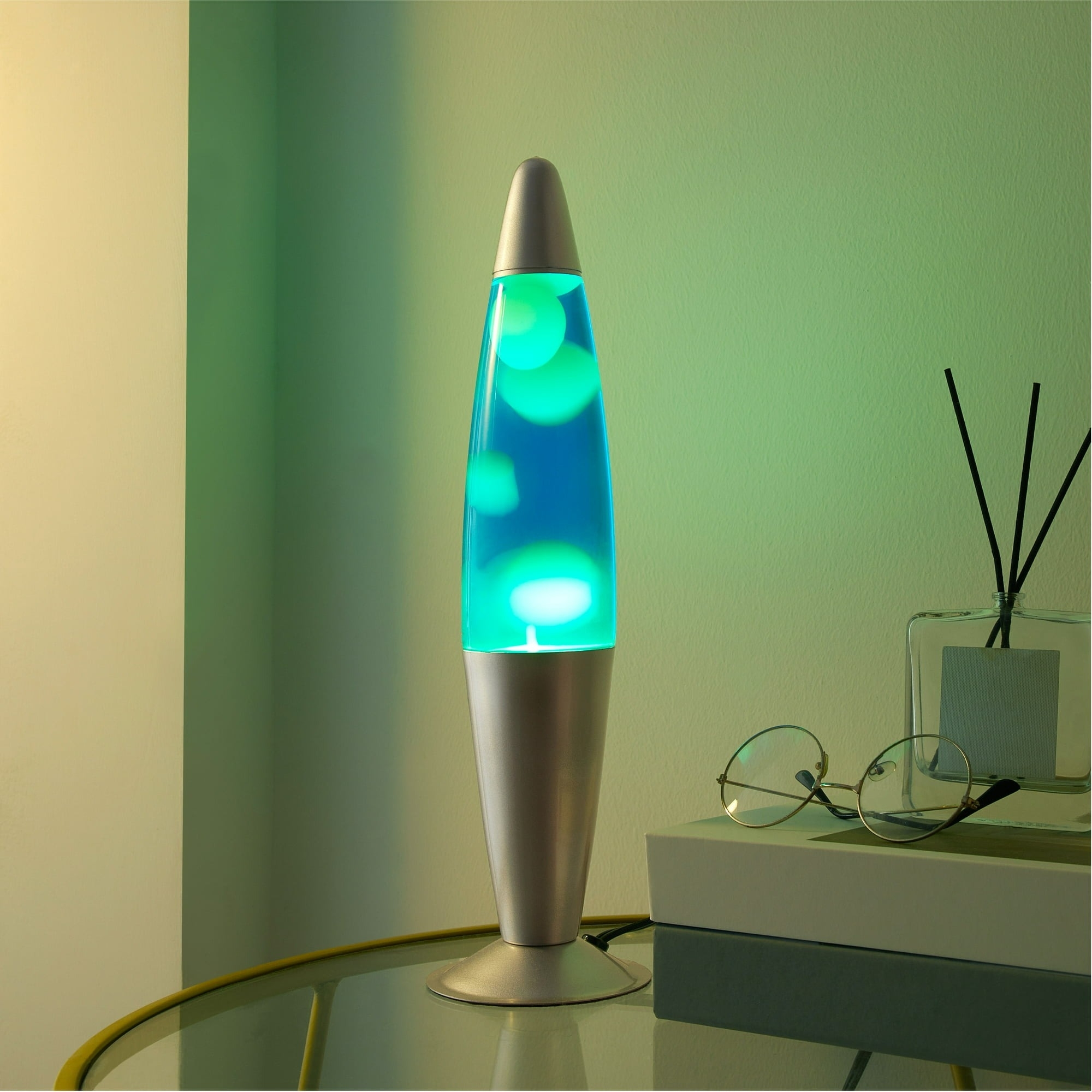 lava lamp on desk in color yellow/blue