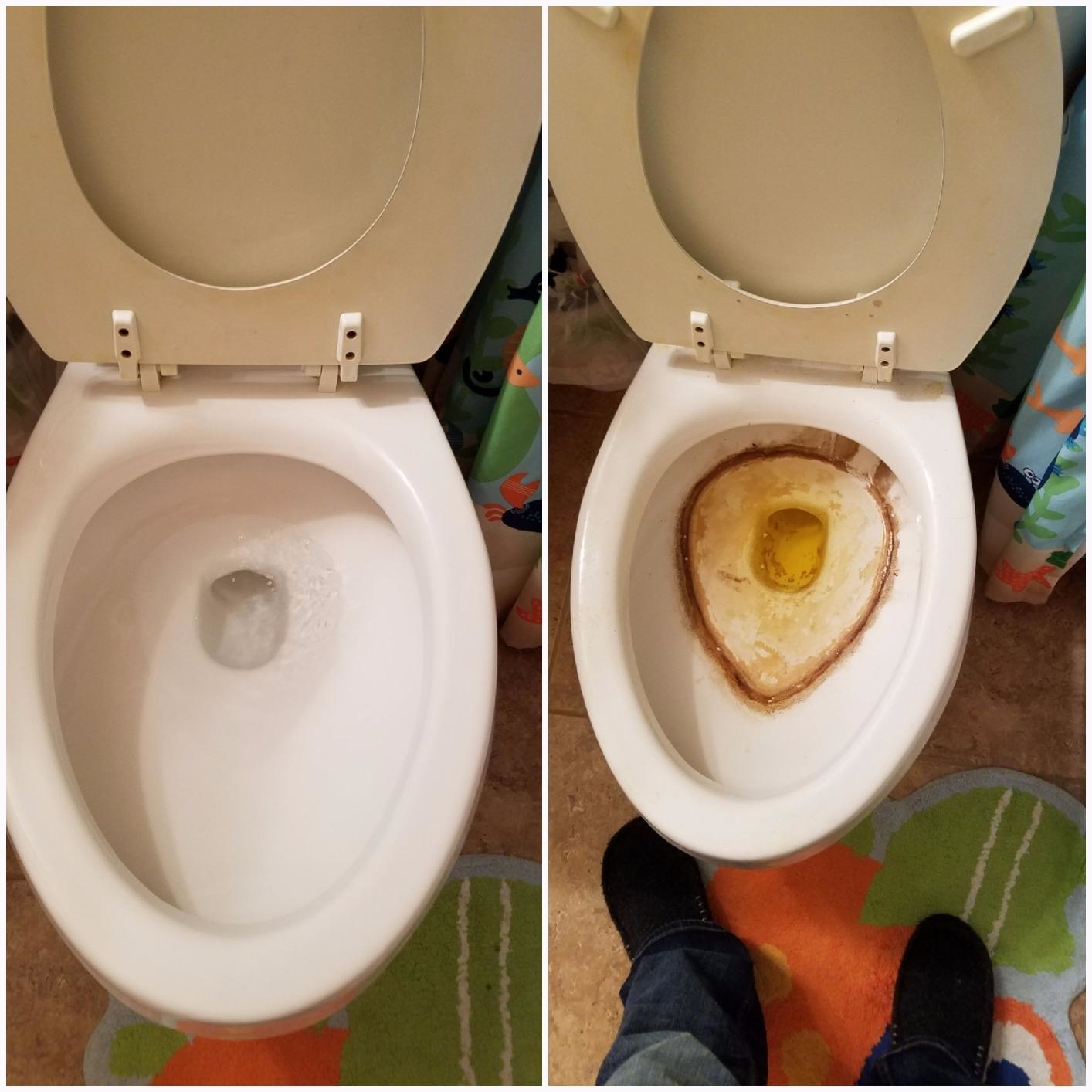 after: a sparkling clean toilet before: a toilet with a huge, dark rust stain on it where the water sat