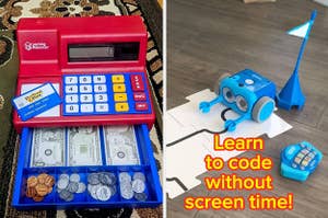 A toy cash register/A toy robot on a track next to a remote control