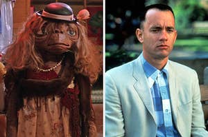 On the left, ET wearing a dress, wig, and hat, and on the right, Tom Hanks as Forrest Gump