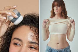 model applying dry shampoo; model wearing a brami top with a built-in bra