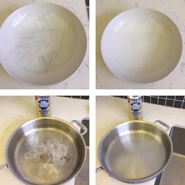before: a white plate and a stainless steel saucepan, stained and scratched. After: the same plate and sauce pan, looking brand new and shiny